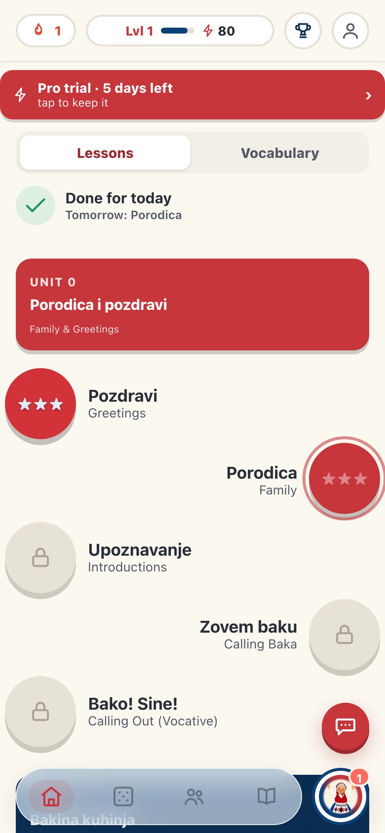 Srpski home screen showing the Family and Greetings unit with lessons Pozdravi, Porodica, Upoznavanje and Zovem baku on a winding path