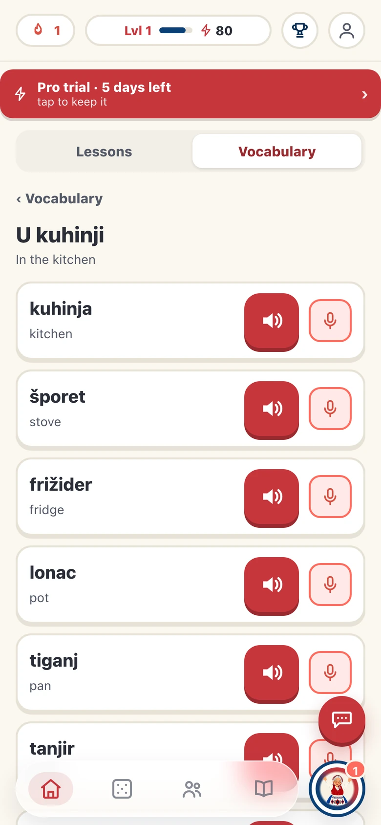 Srpski vocabulary list for In the kitchen showing kuhinja, šporet, frižider, lonac and tiganj with audio and microphone buttons