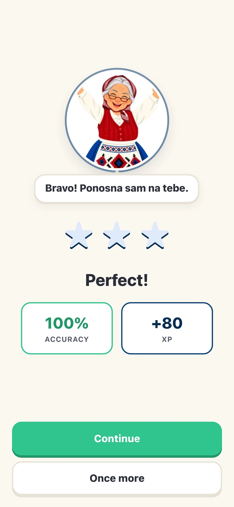 Srpski lesson complete screen with Baka cheering, three stars, 100 percent accuracy and 80 XP